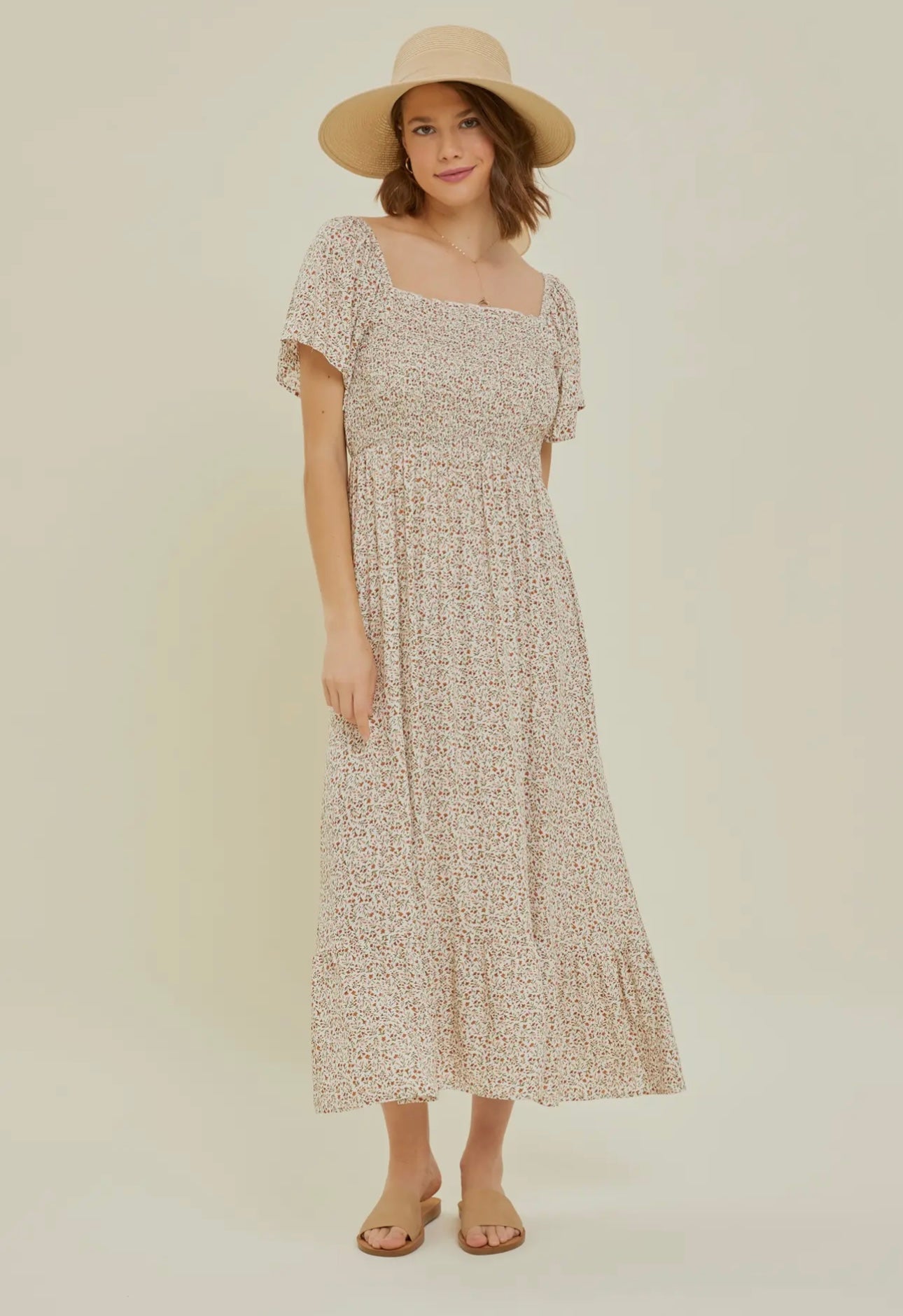 Convertible Ditsy Floral Smocked MIDI Dress