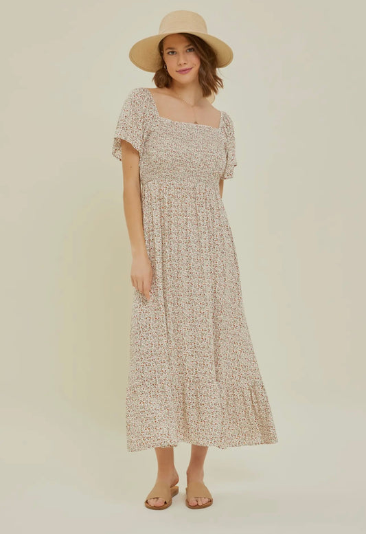 Convertible Ditsy Floral Smocked MIDI Dress