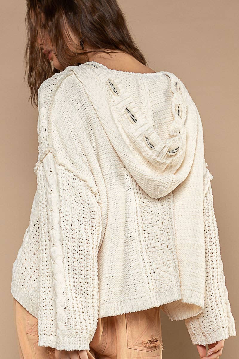 Oversize fit v-neck hooded cable knit chenille sweater SALE